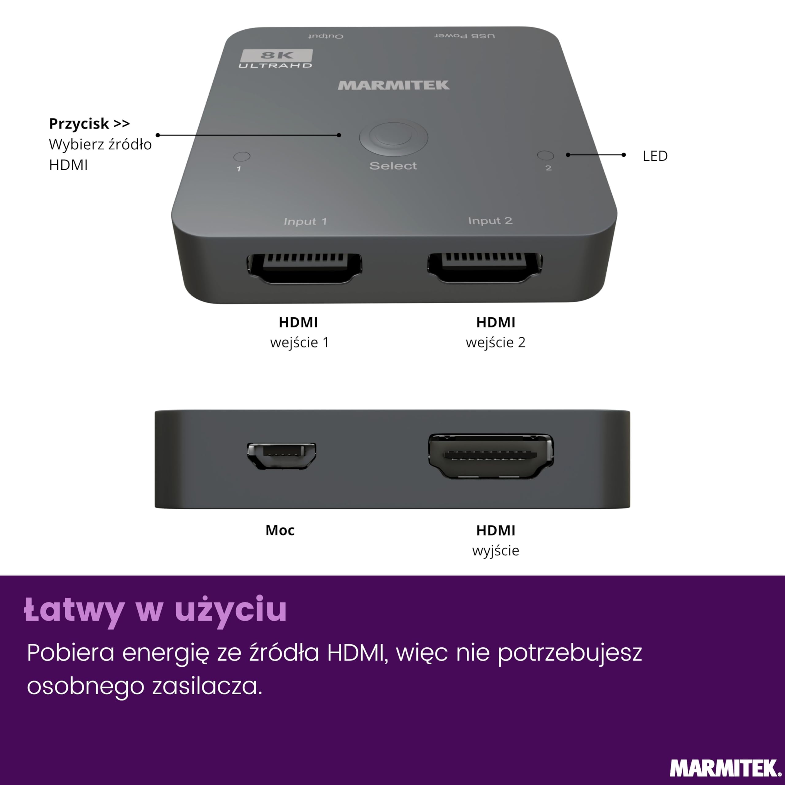 Marmitek Connect 720 - Przełącznik HDMI 8K60 4K 120Hz gaming 2 wejścia | Switch HDMI 2.1, 2 wejścia 1 wyjście, 48 Gbit/s, VRR, ALLM, QMS, QFT, Dolby Vision, HDR10+ i auto-switch