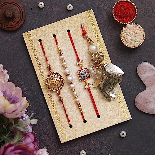 Image of eCraftIndia Designer Peacock Rakhi, Lord Krishna Idol Playing Flute Under Tree with Cow and Calf Showpiece, Roli Chawal Pack, Raksha Bandhan Greeting Card
