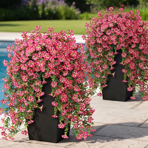 Image of 4 Bundles 29.5 inch Artificial Hanging Silk Flowers for Front Door(Rose Red) | Realistic Fake Morning Glory Flowers with Faux Eucalyptus, for Eave Porch Yard Garden Patio Balcony Home Outdoor Decoration