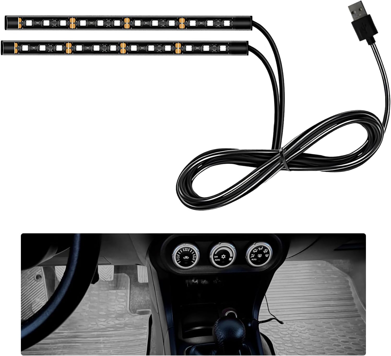 Car LED Strip Light, 12V 24 LEDs Neon Ambient Lighting Night Light w/Cigarette Adapter Plug, Under Dash Atmosphere Lights Decorative Lamp (White, USB Port)