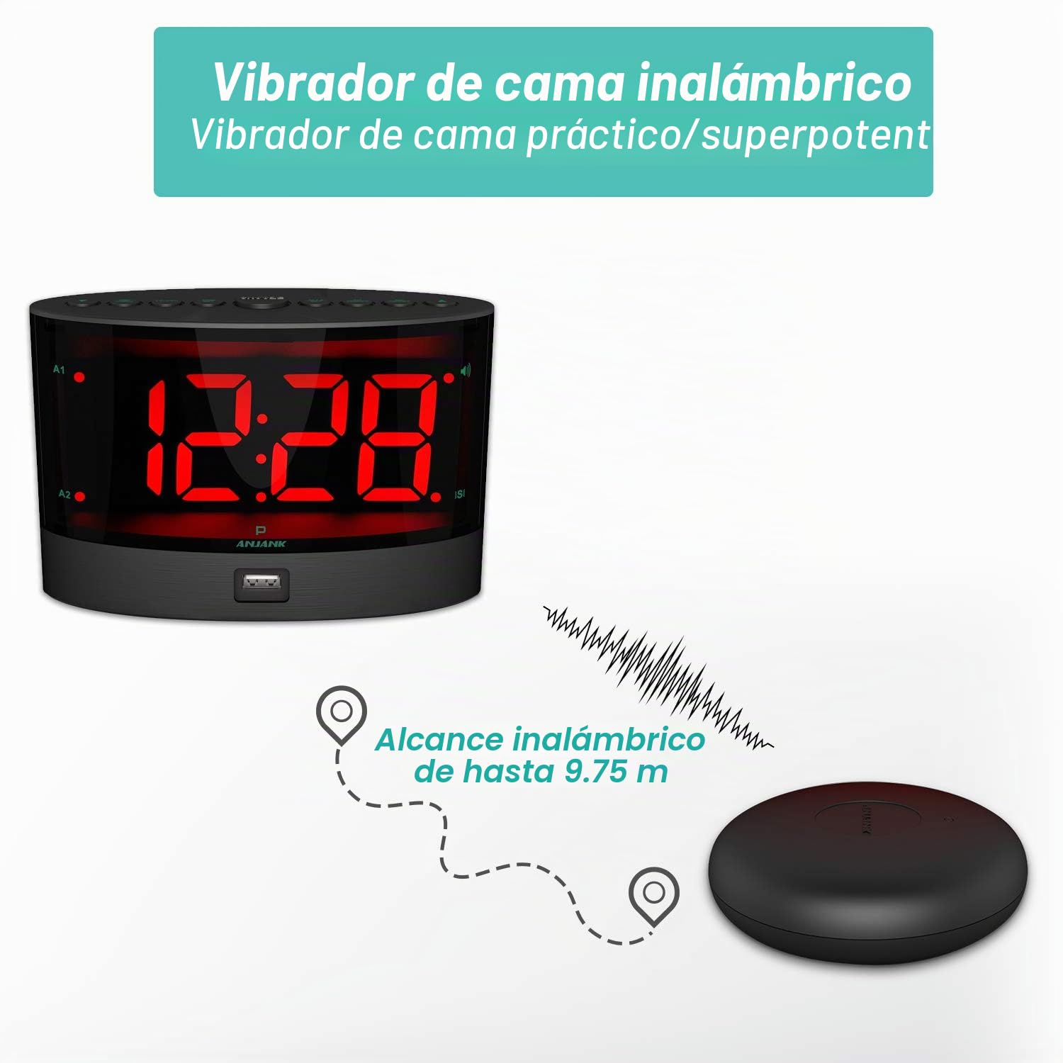 ANJANK Despertador Muy Fuerte con Vibración Inalámbrica, Doble Alarma para Dormilones Pesados, Sordos y con Problemas de Audición, Volumen Ajustable/Dimmer/Despertar Modo, Puerto de Carga USB