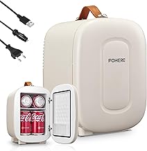FOHERE Mini Frigo de Chambre 5 Litres/ 6 Canettes, Petit Frigo USB/CA/CC, Cosmetique, Mini Réfrigérateurs pour Boissons, Nourriture, Beauté, Bureau, Dortoir, Voiture, Blanc