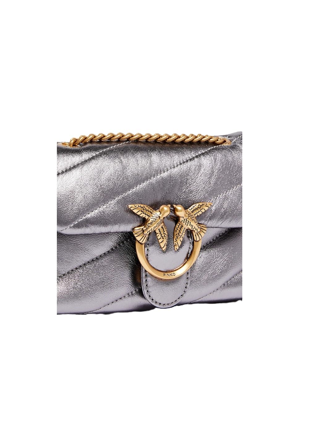 Pinko Love Baby Puff Borsa a Tracolla Trapuntata in Pelle Laminata, Antracite, 18 x 12.5 x 6.5 cm, con Chiusura a Patta e Tracolla Regolabile in Catena