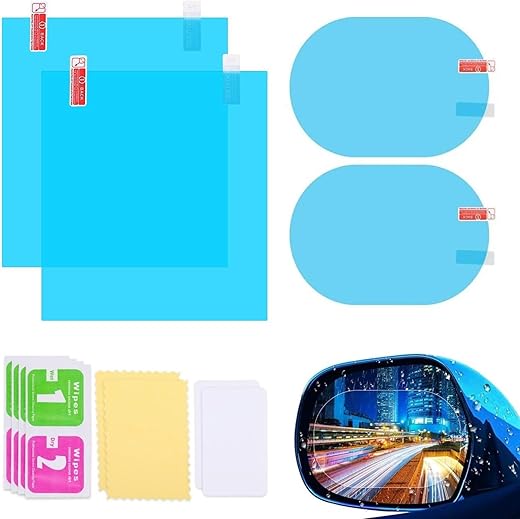 Radiant 4pcs Car Rearview Mirror Films Anti-Rain Fog Waterproof PET Clear Film Accessories (2 Oval + 2 Square Film)