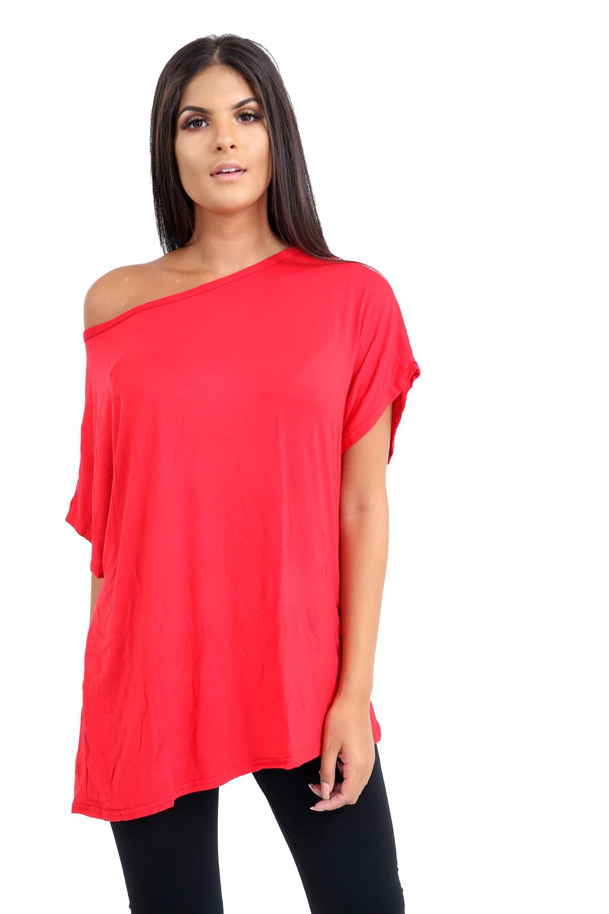Hamishkane Women's Red Hamishkane® Bardot Baggy Style Oversized T Shirt For - New Plain Off The Shoulder Batwing Top, Fashionable Tops For Casual Party Wear