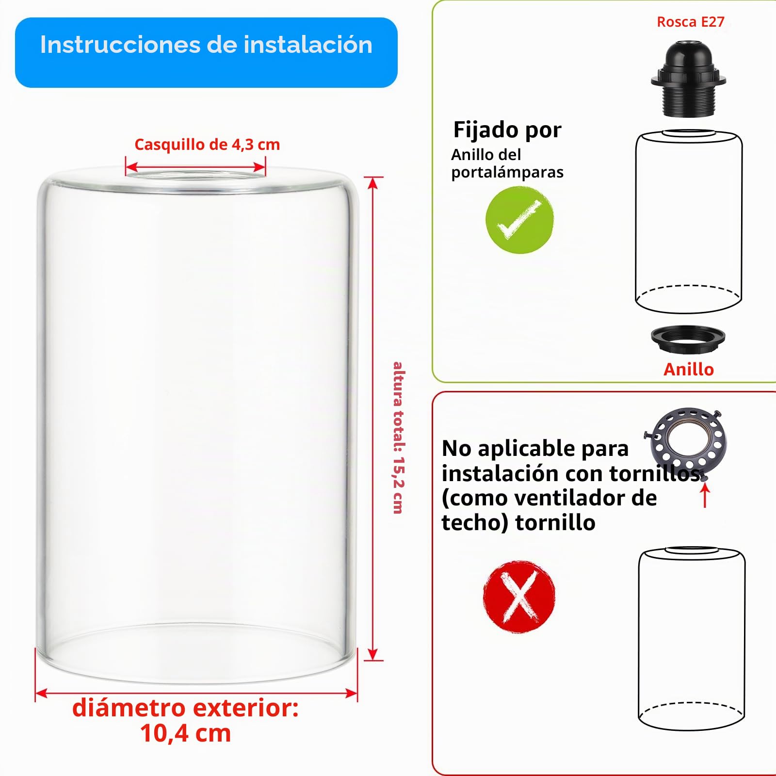 Skelang Pantalla de Vidrio Transparente sin Labios, Cubierta de Luz Cilíndrica con Abertura de Montaje, Reemplazo para Lámpara de Araña, Luz de Tocador de Baño, Colgante, 4 Piezas