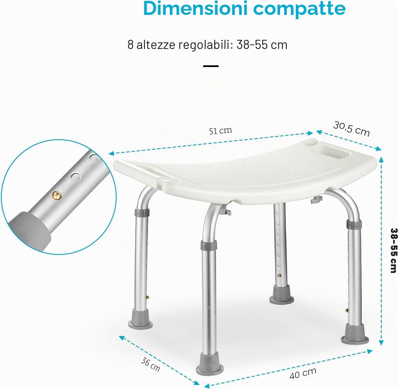 Sgabello da Bagno, 8 Livelli di Altezza, 38 – 55 cm, Gambe in Alluminio e Sedile Antiscivolo per la Doccia Interna, Sgabello da Doccia Leggero e Sottile per Anziani e Disabili