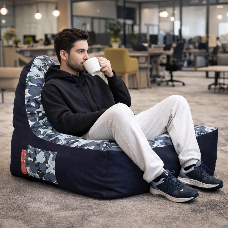 Image of Style Homez Urban Design Denim Canvas Floral Printed Chair Bean Bag XXL Size Filled with Beans Fillers