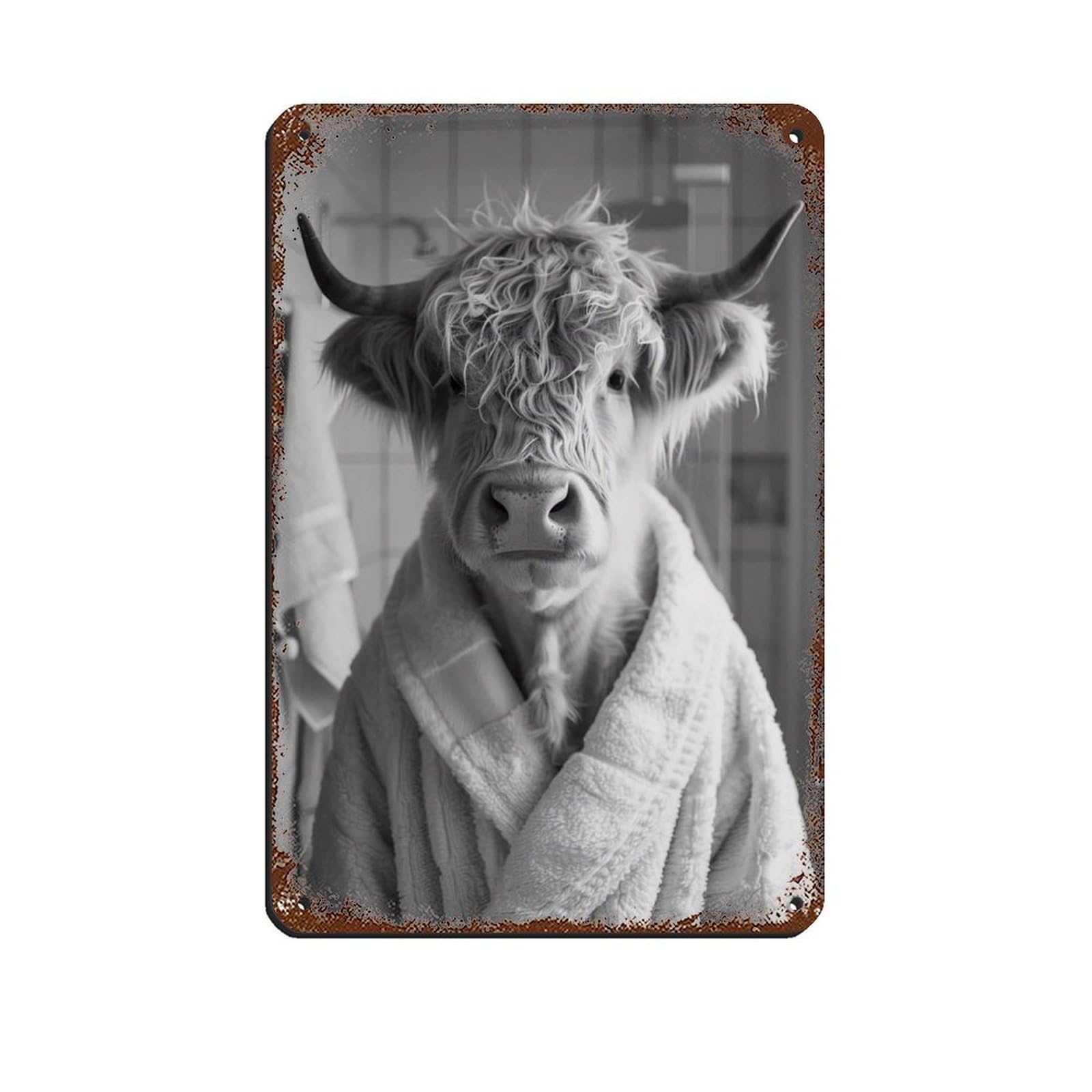 Lxwnze 20L X 30W Cm Highland Cow In A Bathrobe, Funny Bathroom Art (4) Tin Sign Vintage Metal Pub Club Cafe Bar Home Wall Art Decoration Poster Retro 8X12inch(20X30cm)