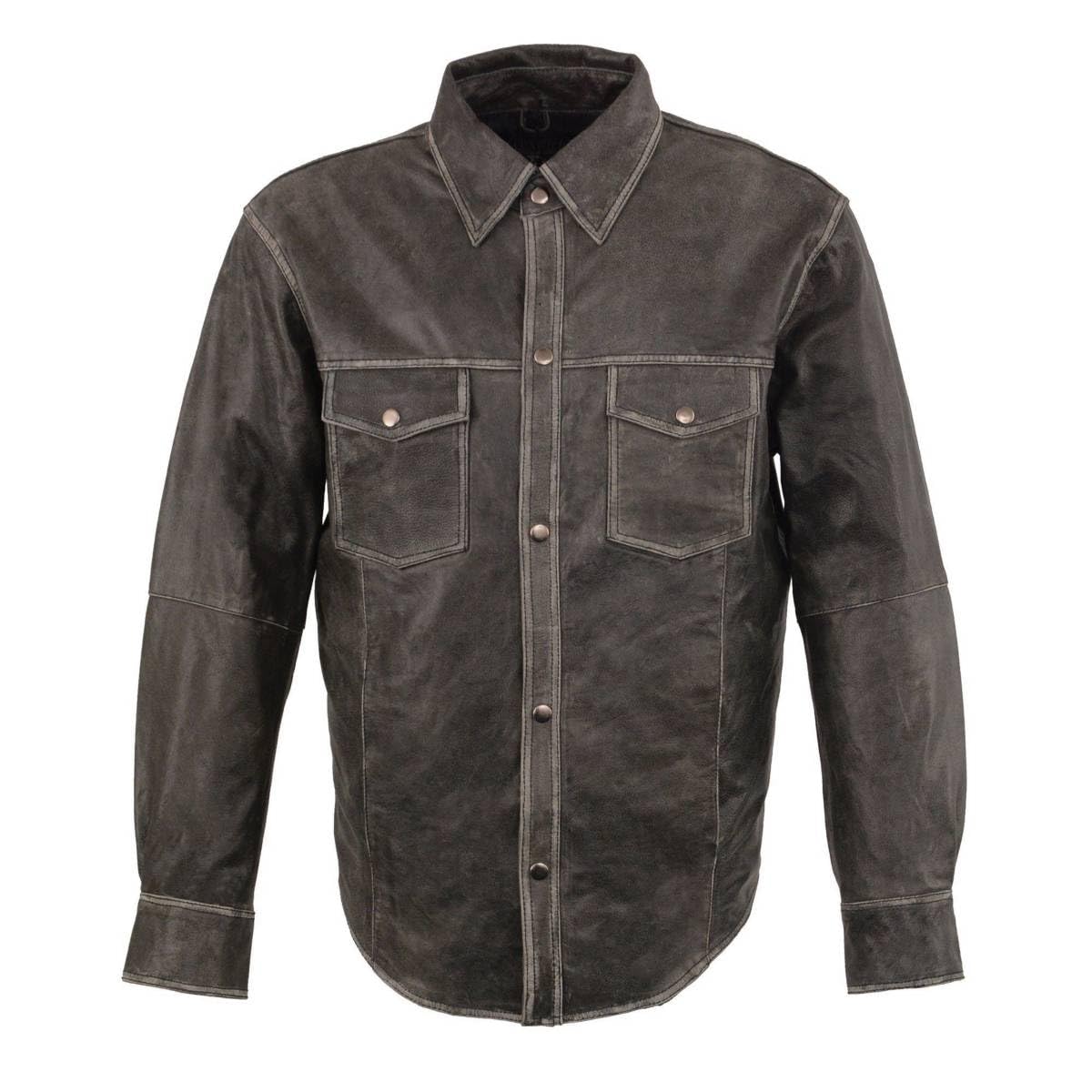 Milwaukee Leather MLM1605 Men's 'Button Down' Distressed Grey Lightweight Casual Biker Leather Shirt - 2X-Large