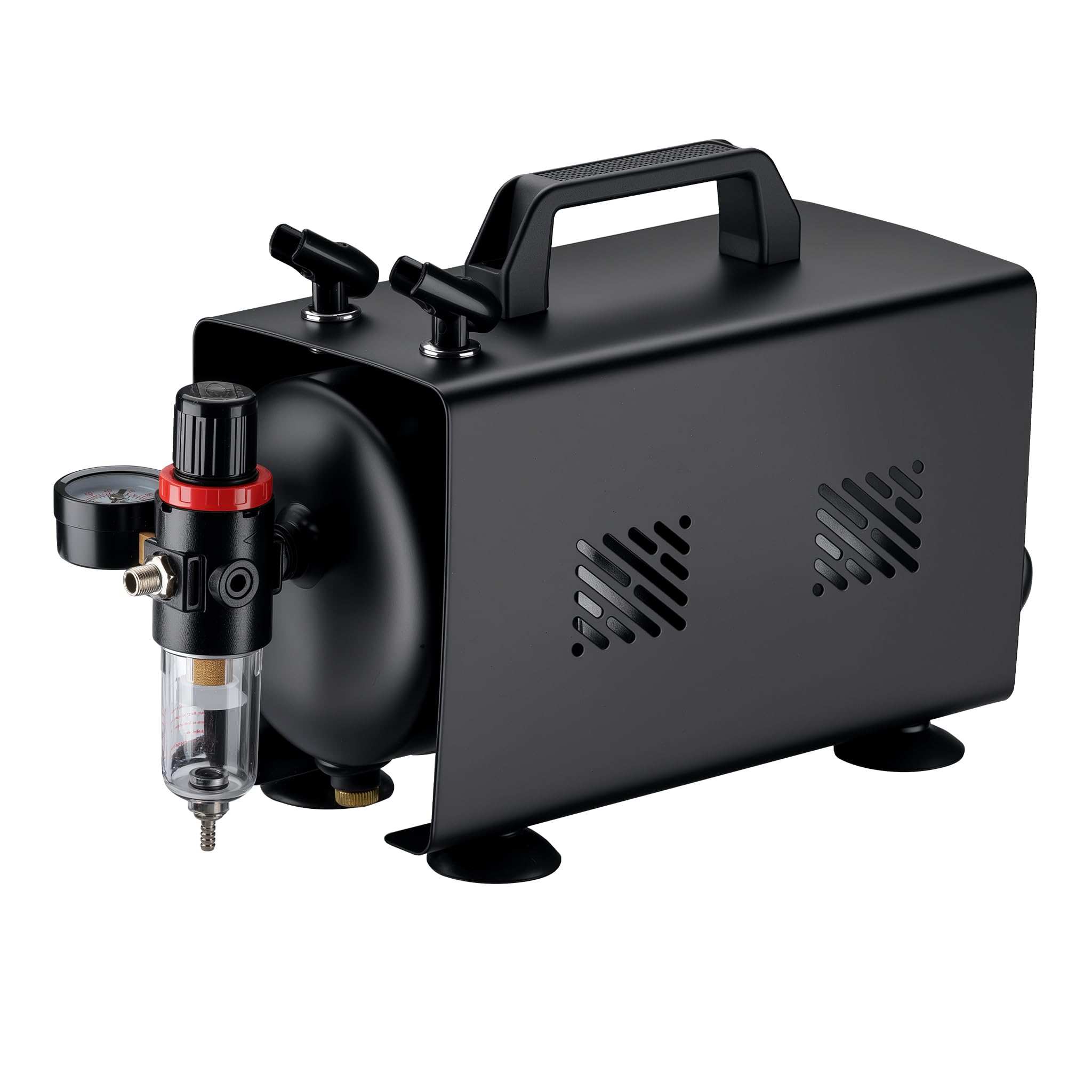 Wiltec Compresor para aerógrafo AS18TB 1/6 CV, compresor de aire comprimido con caudal de 20-23 l/min, para pistola aerográfica con 2 salidas y manómetro, diseño con pistola de aerografía