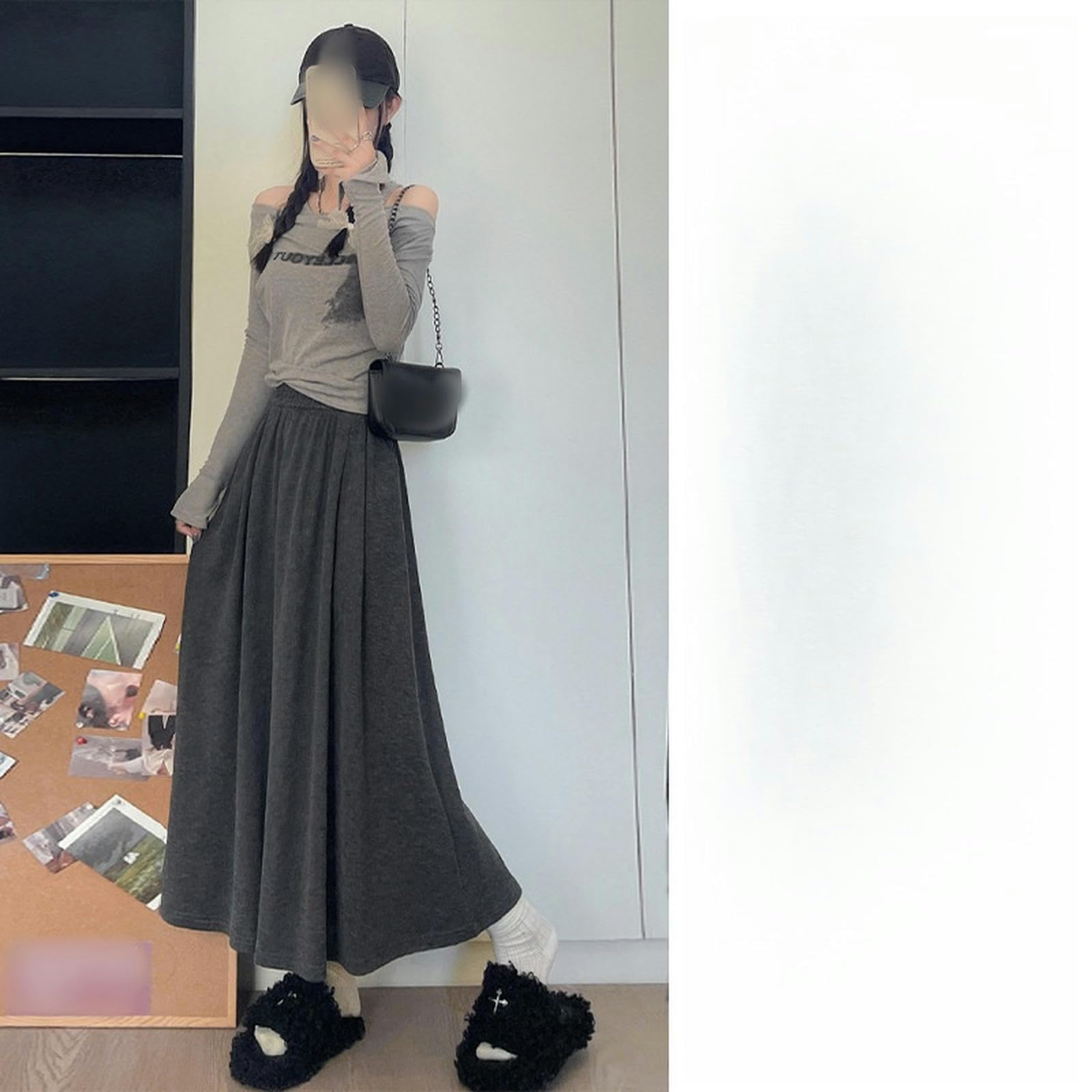 Spódnica z dzianiny kleisty ryż spódnica dla kobiet jesień i zima styl college casual wysoka talia wąska linia linia długa spódnica-czarna A-xl