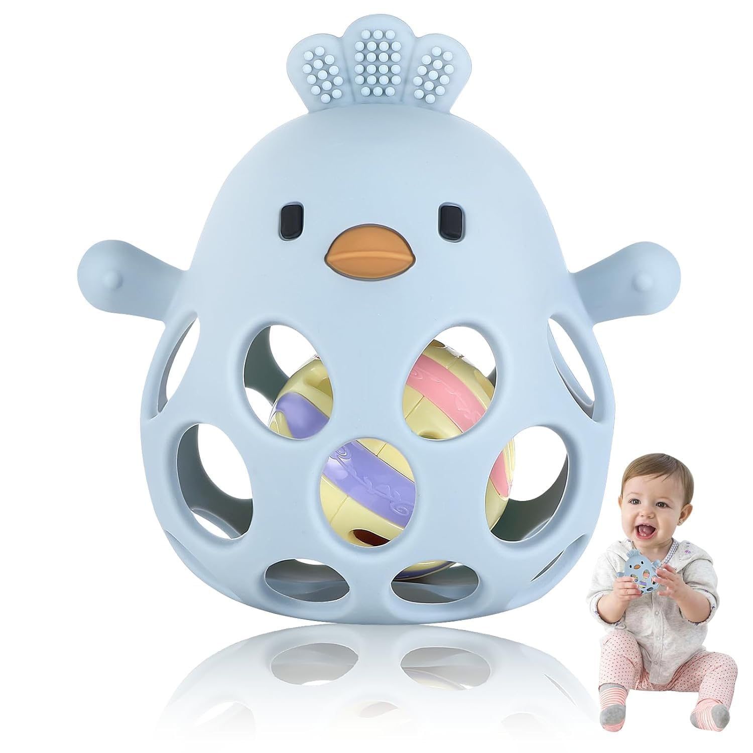 TOHIBEE Baby Teething Rattle Toy, Upgraded Easy Grasp Silicone Teething Rattle Ball Toy for Babies Over 3 Months, 100% Food Grade, Gift for Infant Boys and Girls 0-6-12 Months, (Rattle Blue)