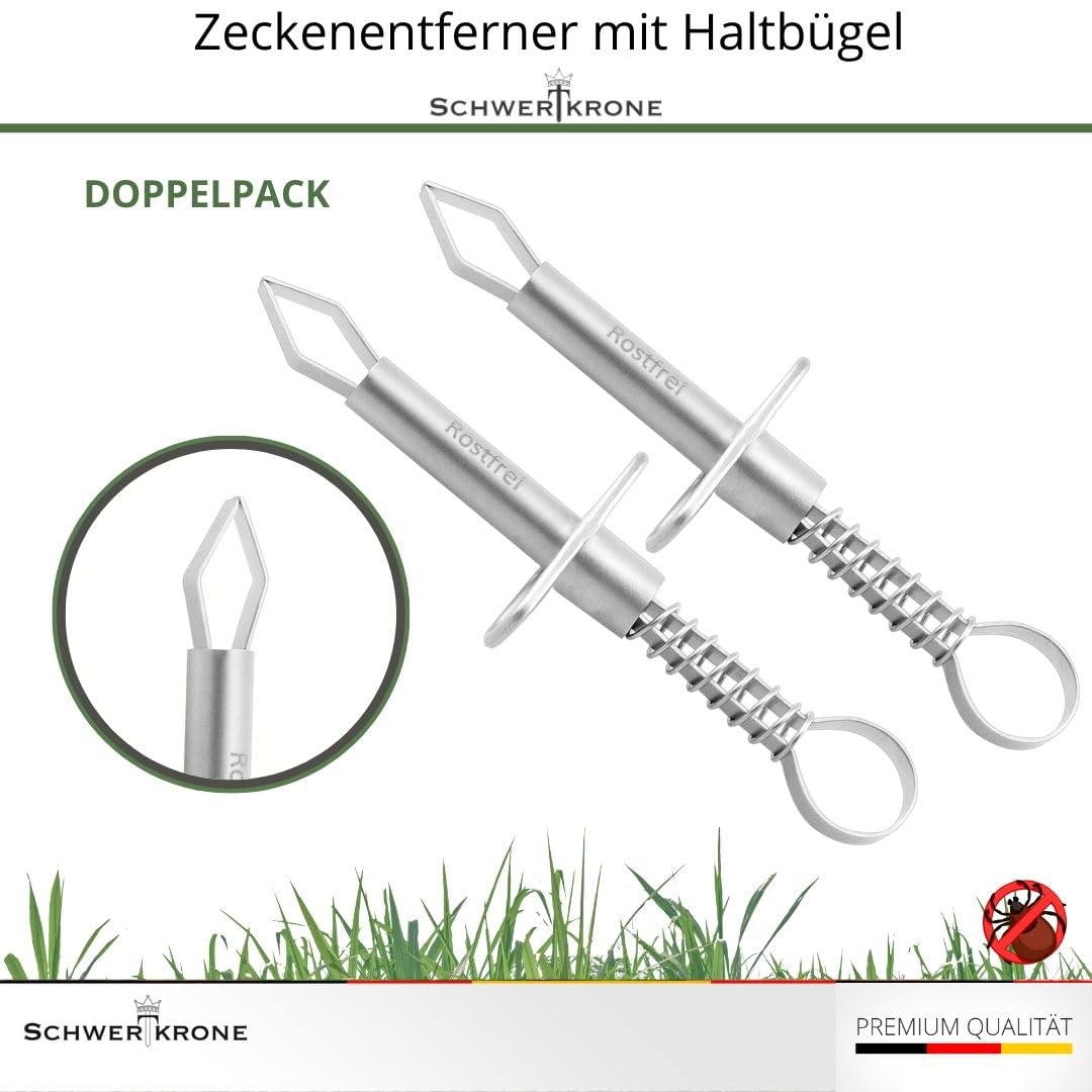 Schwertkrone Lot de 2 pinces à tiques avec étrier de maintien en métal - Tire-tiques avec ressort - Pour homme, chat et chien - En acier inoxydable hygiénique