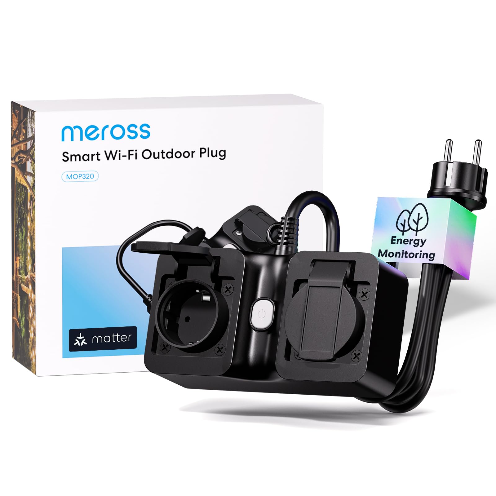 Meross Exteiror Enchufe Inteligente con Mide Consumo, WiFi Matter Enchufe 16A, Soporte para Matter, Alexa, Apple Home y Google Home, IP44, 1,5m Cable,Negro, Núcleo de cobre