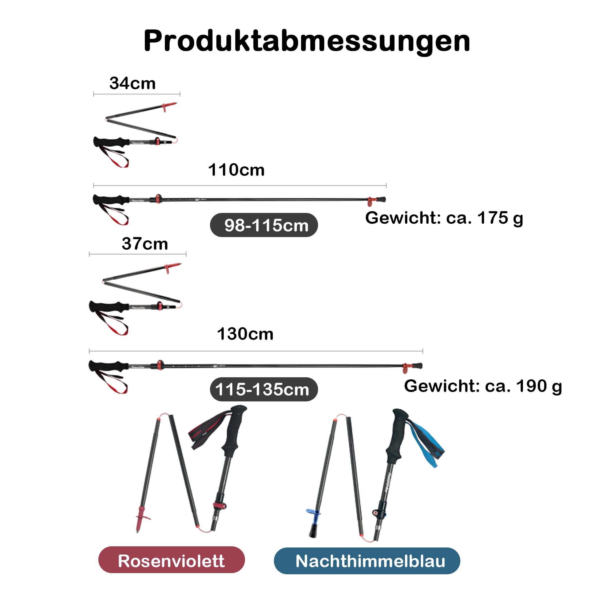 Naturehike Bâtons de randonnée télescopiques en fibre de carbone 3K, ultra légers, 175 g, 5 pièces, réglables, diamètre du tube renforcé de 18 mm