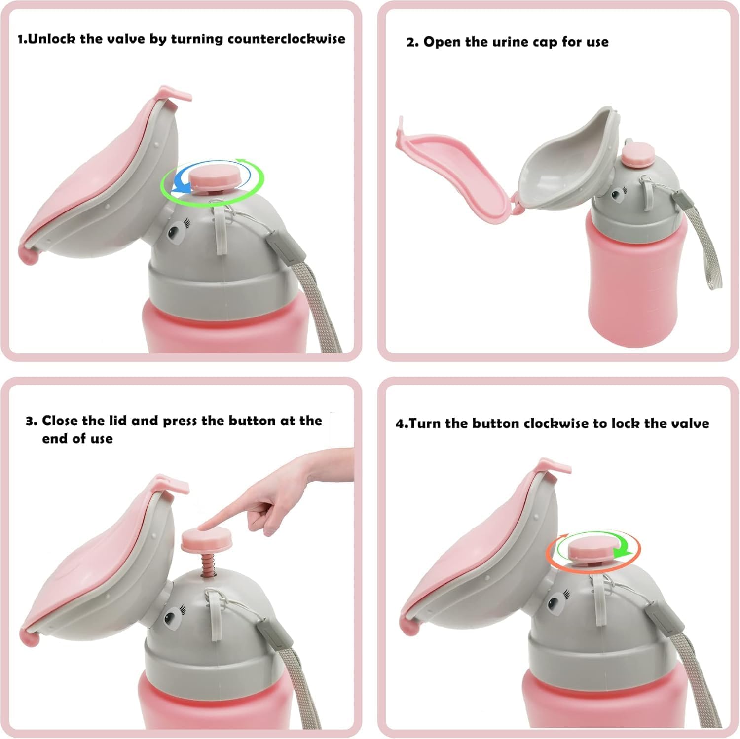 ToYooZe Portable Elephant Urinal Bottle for Kids, Pink Leakproof Travel Pee Bottle for Boys & Girls, Cute Elephant Design Emergency Potty 4