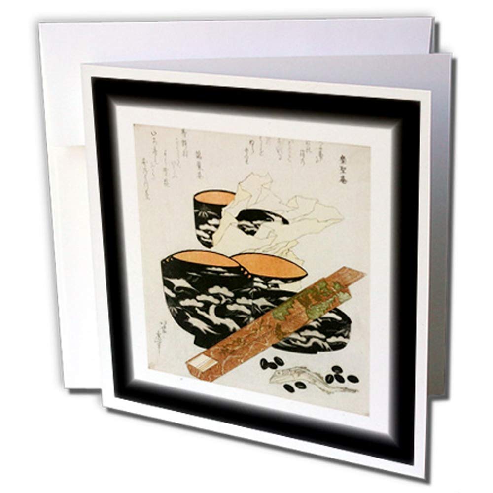 3dRose gc_252678_2 6 x 6-Inch "Image of Hokusai Woodcut Still Life Cups and Fish" Greeting Card (Set of 12)