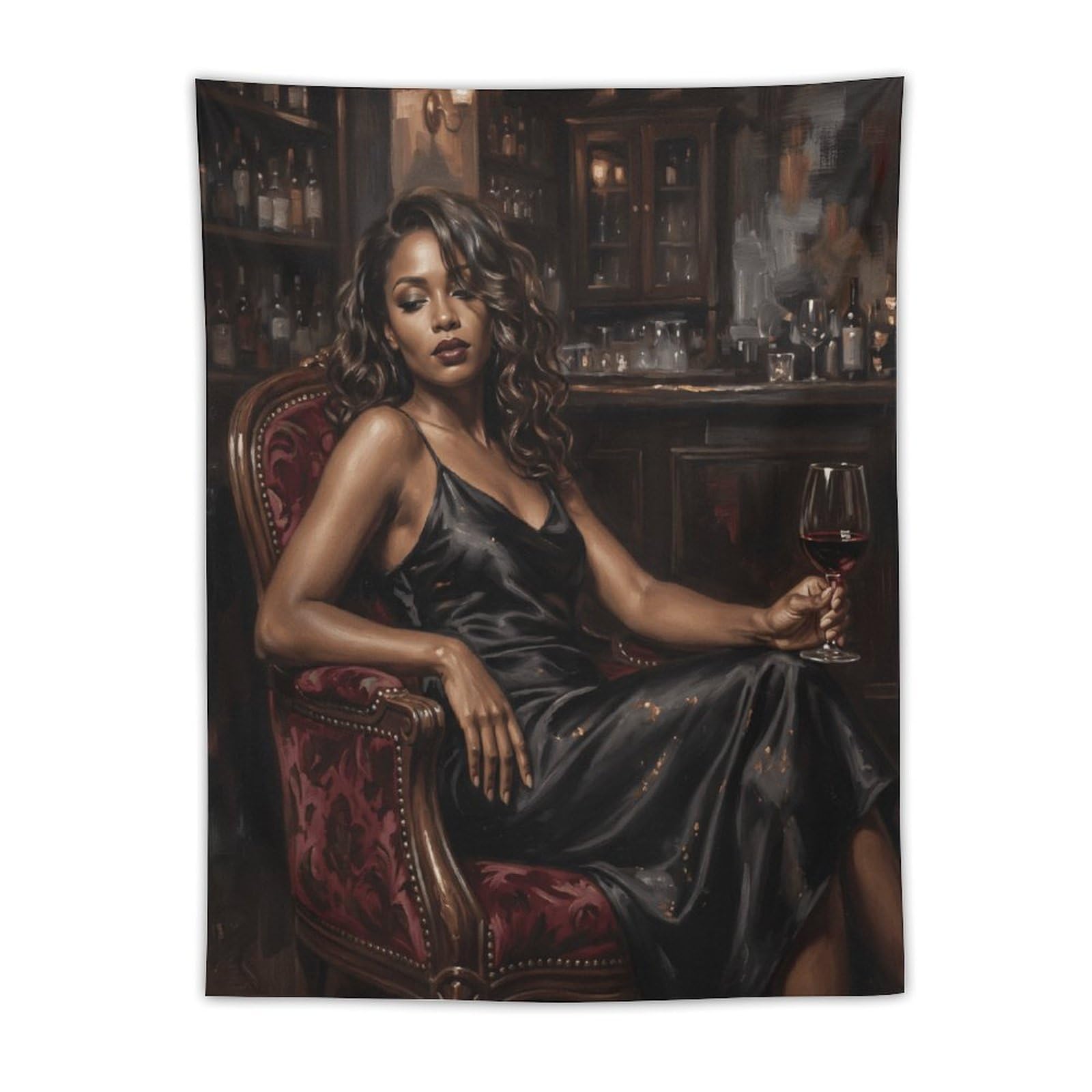 W7C8U2X3 Elegant Black Woman Bar Wall Tapestry, Detailed Illustration