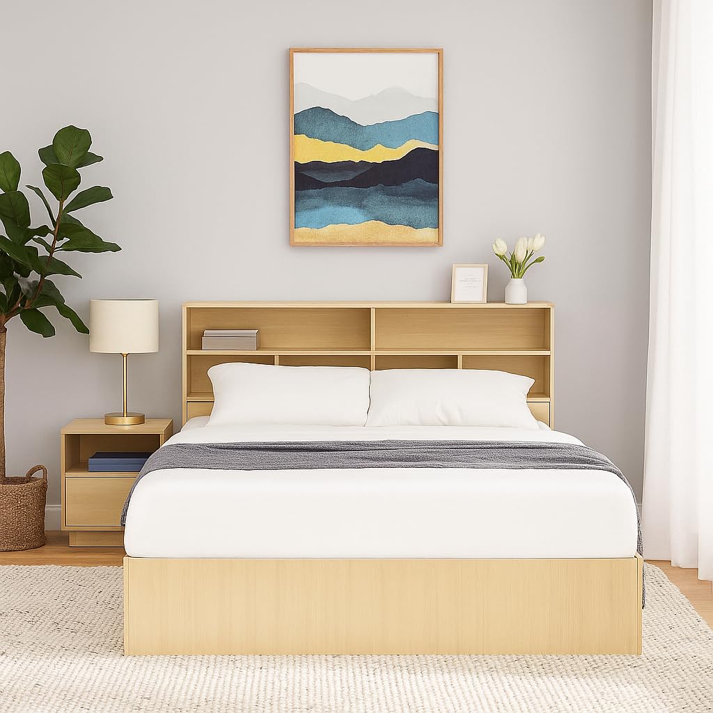 MATTERHORN Engineered Wood Bed in Teak Brown – Queen Size Double Bed with Box Storage and Headboard Storage (L1985 x W1560 x H300 mm) | Wooden Bed for Bedroom, Durable & Stylish Design (Almond Beige)