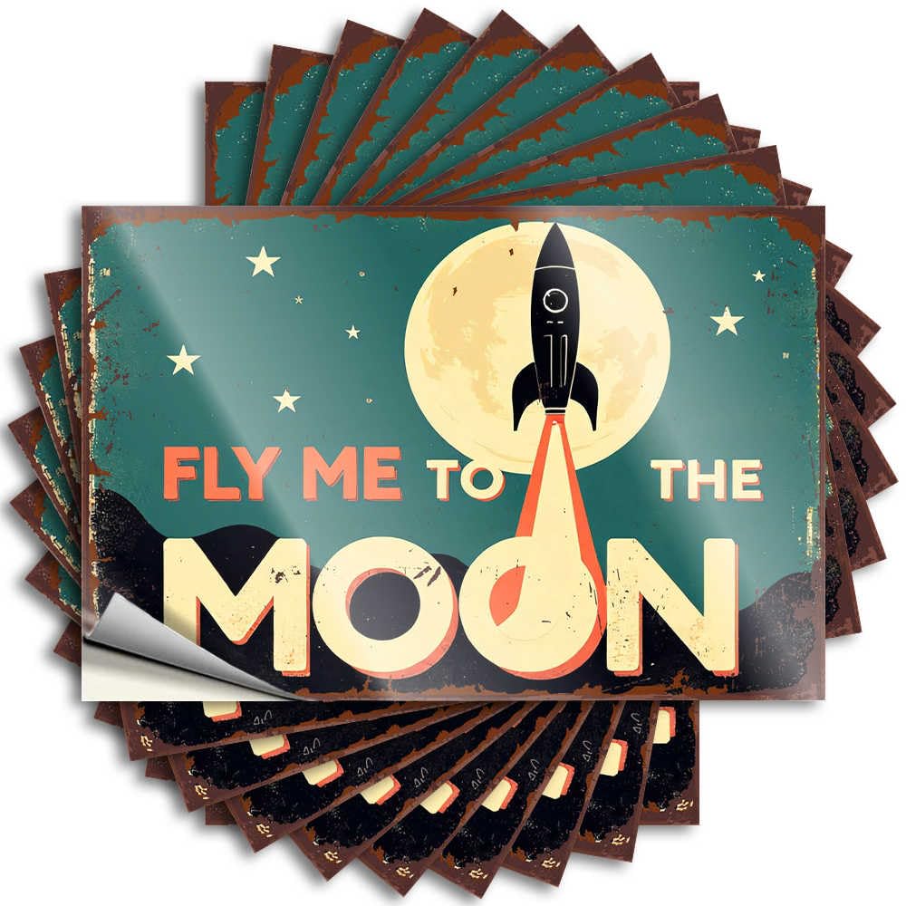 Fzfn Colour Plain Quote Laptop | Vintage Rocket Launching Towards The Moon With Stars In The Sky Plush Fishing Sticker Pack(8X12cm)