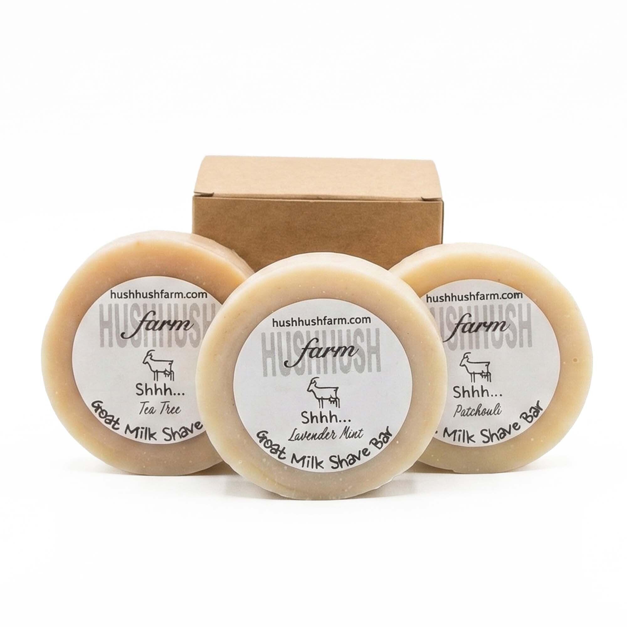 Sapone da barba da uomo fatto a mano con latte di capra, olio d'oliva e burro di cacao, senza plastica, confezione da 3 (patchouli, albero del tè, lavanda e menta)