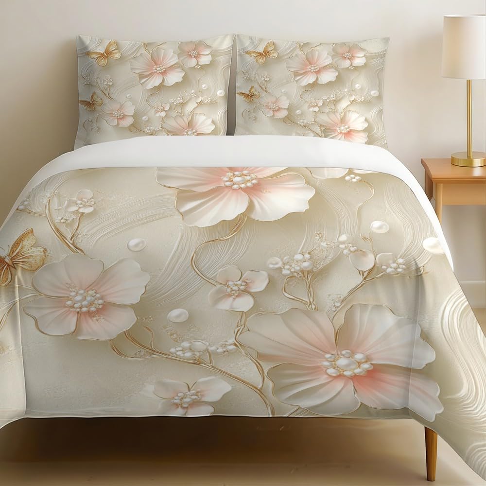 Housse de Couette Perles et Papillons Rose pour Lit Enfant 1 Personne