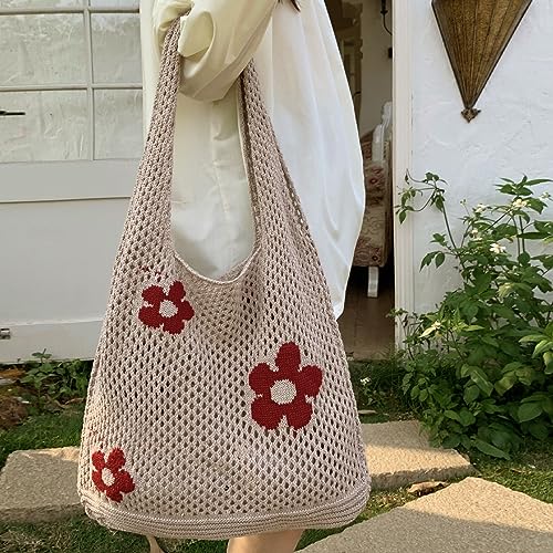 Image of LassZone Crochet Tote Bag for Women Knitted Hobo Bag Summer Beach Bag Large Shopping Shoulder Bag Handbags