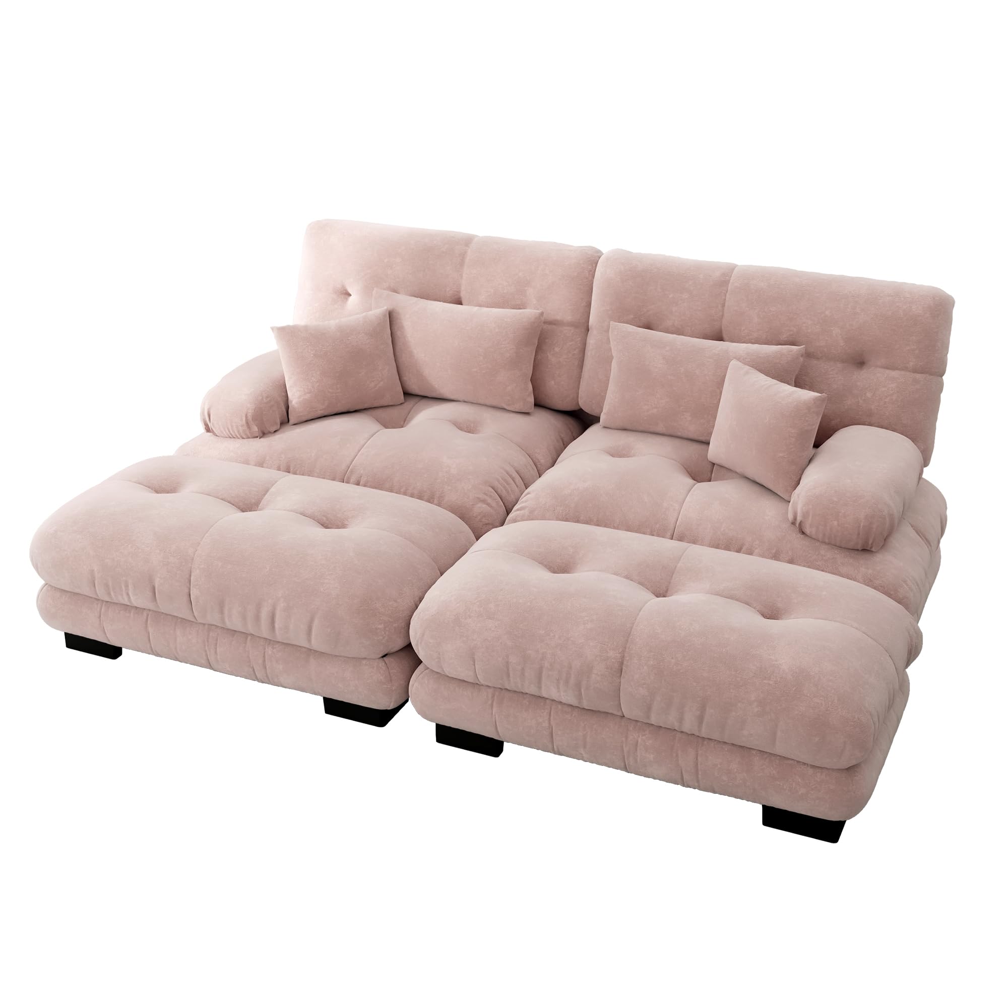 Cloud Divano angolare in ciniglia, 2 cuscini lombari, 2 cuscini decorativi, divano imbottito con braccioli larghi, 2 ottomani ciniglia rosa per soggiorno