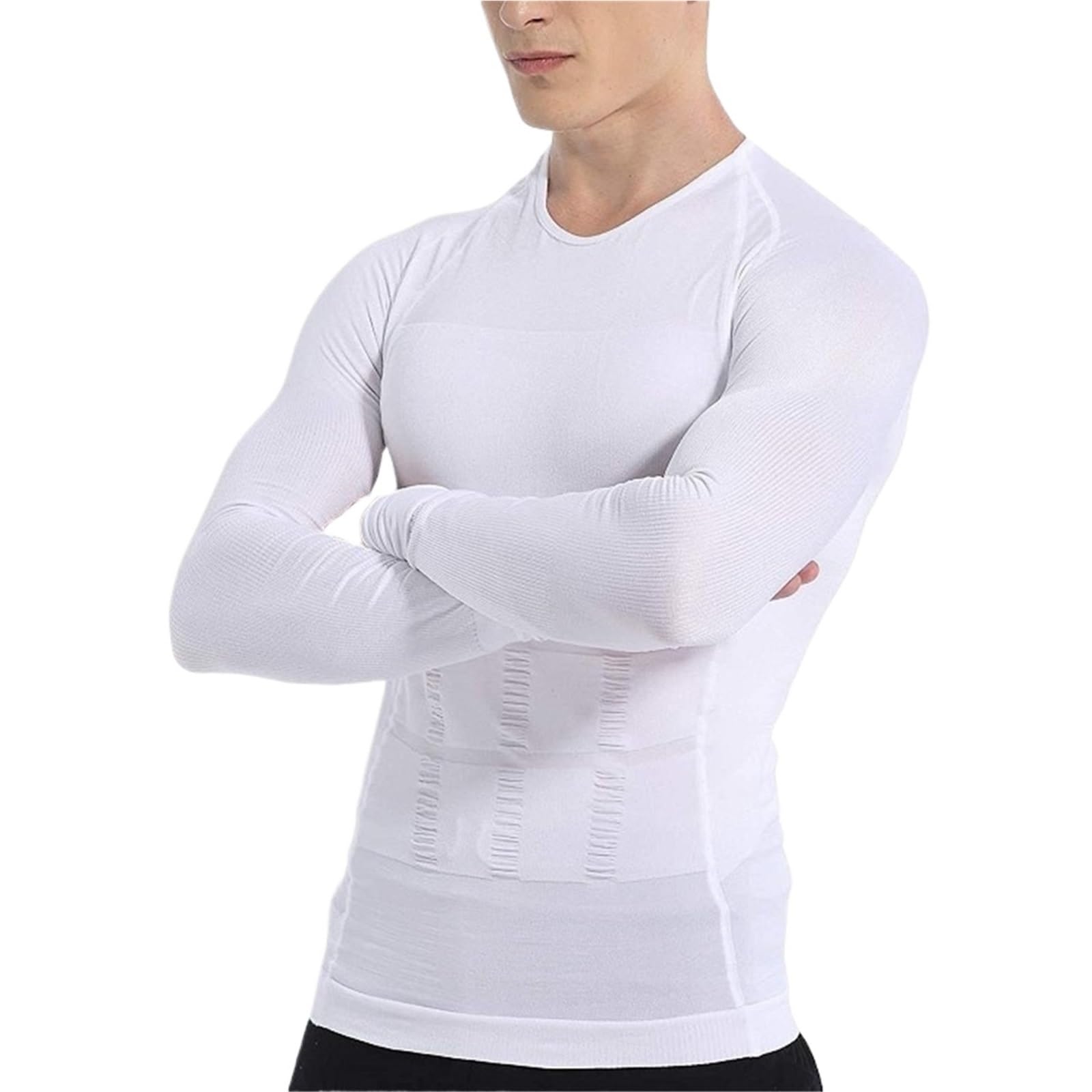 Body Shaper Weste für Männer Shapewear for Herren, langärmeliges T-Shirt, eng tailliert, Bierbauch-Muskelstraffung, leichtes, einfarbiges Sweatshirt, Schlankheitsoberteil Für Fitness geeignet(White,L)