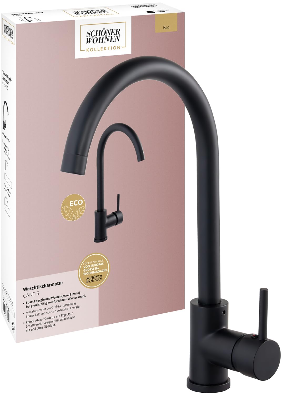 SCHÖNER WOHNEN-Kollektion Waschtischarmatur CANTIS, Mattschwarz, Wasserhahn geeignet für wandhängende Waschbecken und Aufsatzwaschbecken in Bad und Küche