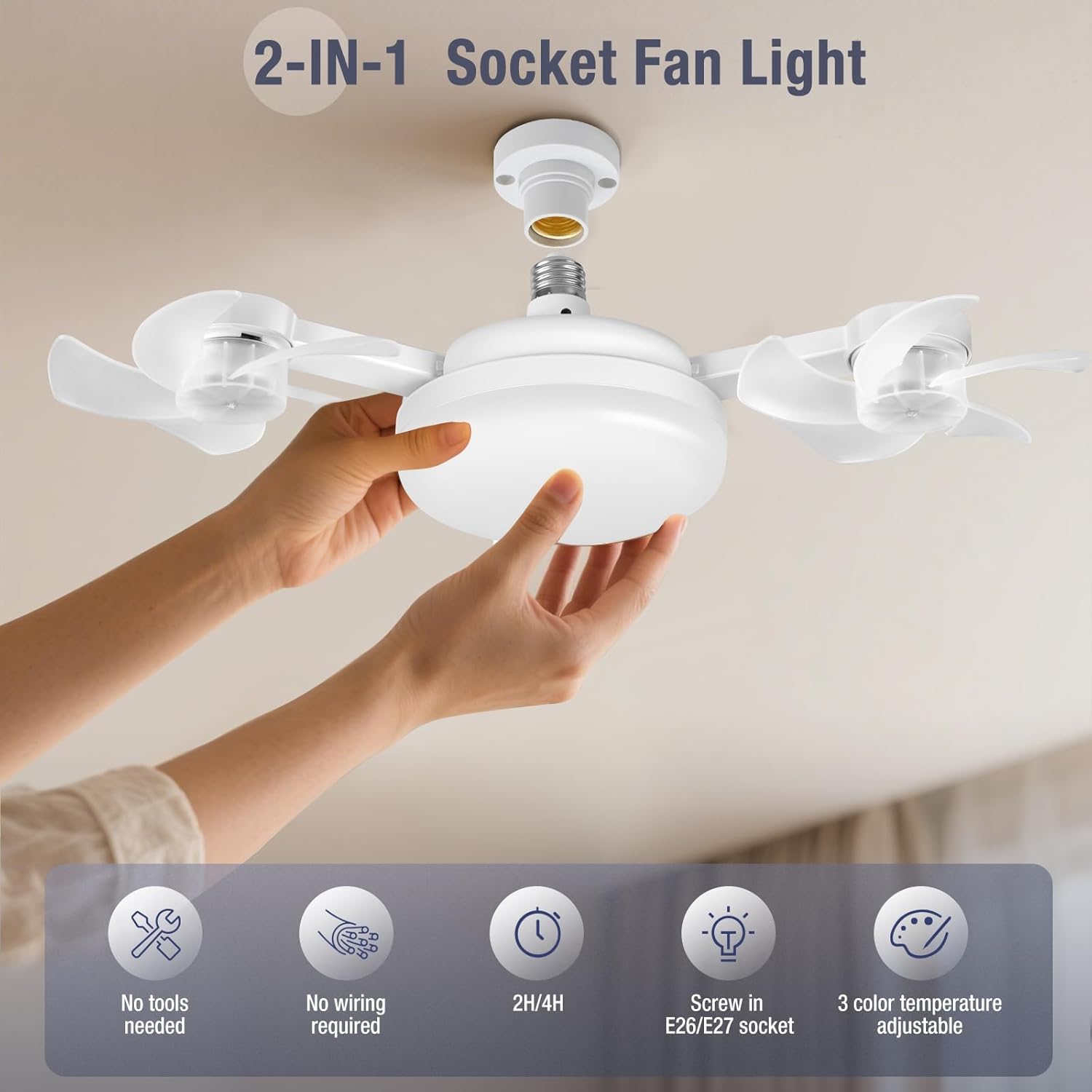 Dimmbar LED Lampe mit Ventilator, Deckenlampe mit Ventilator Leise, Timing, 50W 3-Gang Deckenventilator mit Licht und Fernbedienung (inkl. Lampenfassung E27 mit Verlängerung) für Schlafzimmer Wohnung