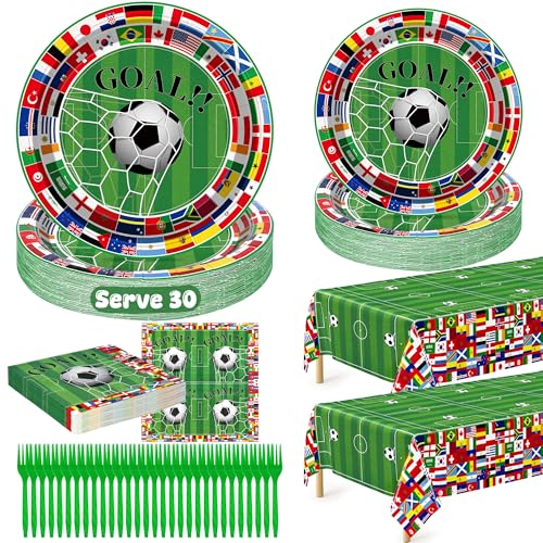 QZYL 122 Pcs 2026 World Soccer Party Decorations Soccer Party Supplies Serve 30 Disposable Plates Napkins Tablecloth Forks International World Flags Tableware Set for Sports Game Birthday Event