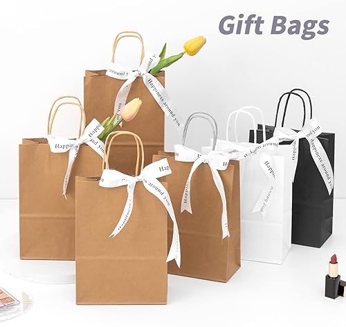 Miniatura 4 de COGLARING 100 bolsas de regalo de 6.3 x 3.2 x 8.3 pulgadas, bolsa de papel kraft negro con asas a granel para recuerdos de comestibles al por menor,