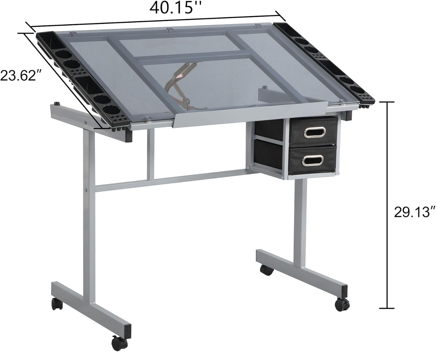 HRVEOCEI Adjustable Glass Drafting Table with 2 Slide Rolling Wheels & Fabric Drawers, Steel Frame Art Desk with Storage & Side Tray, Diamond Drawing Table for Adults Artist Painters Home Office
