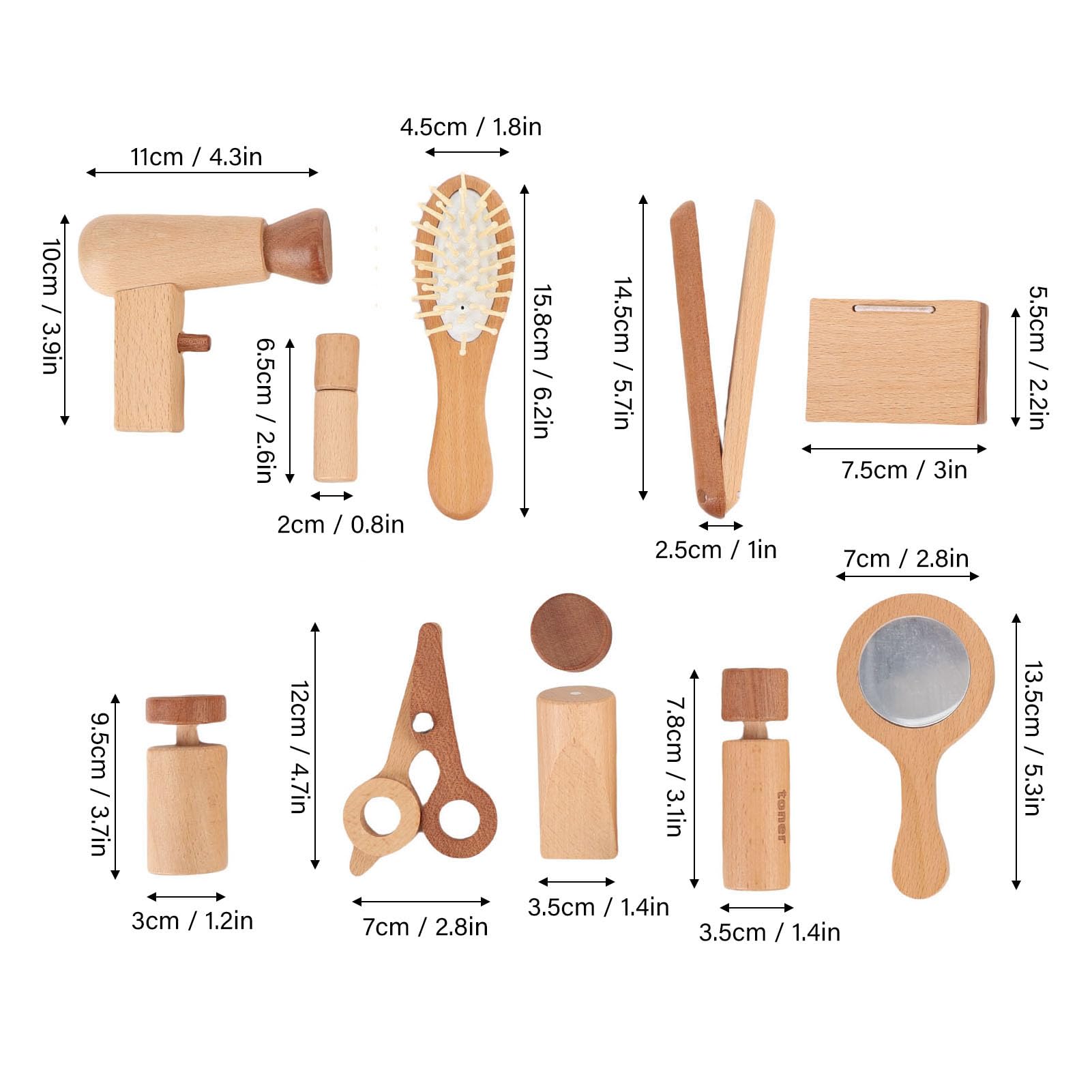 Juego de 11 juguetes de maquillaje de madera para juegos de rol creativos, bonito salón de belleza, con secador de pelo, espejo y accesorios para niñas