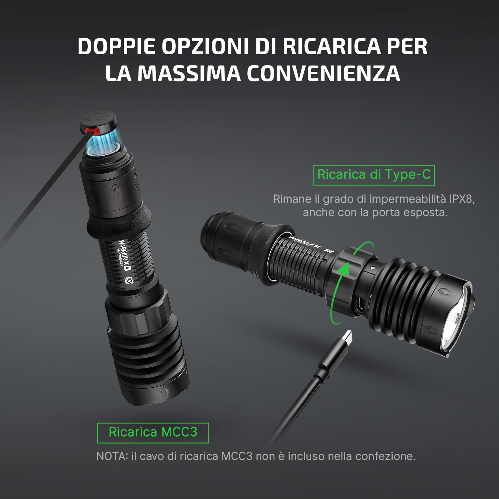 OLIGHT Warrior X 4 Ricaricabile Torcia Potente Alta 2600 LM 630M | Caricamento Tramite USB-C, Dotata di Custodia in Pelle, Impermeabile IPX8, Ideale per Attività All'aperto, Campeggio e Caccia