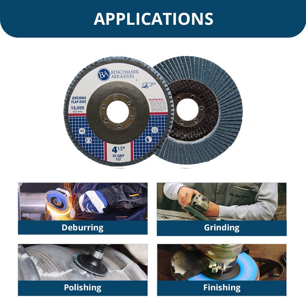 Benchmark Abrasives 4.5 pulgadas Premium Zirconia Tipo 27 discos de aleta muelas abrasivas para acero inoxidable 7/8 pulgadas cenador grano 60 – 10 unidades