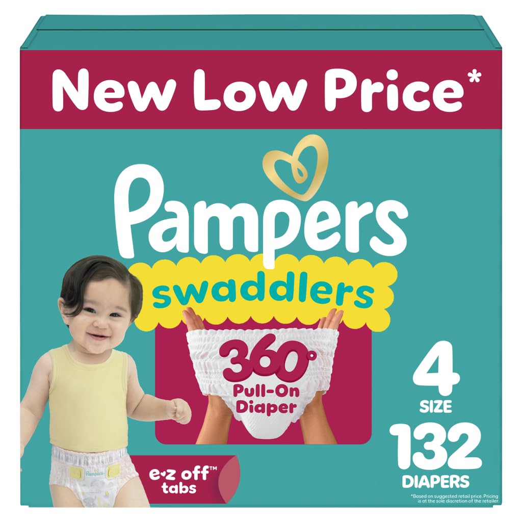 Pampers Diapers - Swaddlers 360° - Size 4, 132 Count, up to 100% Leakproof Comfy Dry Fit, Designed for Easy Changes, Pull On Baby Diaper (Packaging May Vary)