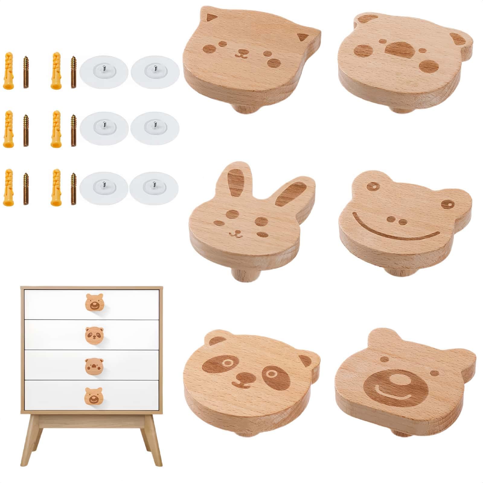 Bouton de Meuble, 6 Pièces Poignee de Meuble en animal ignon en Bois Massif de Haute Qualité Avec une Texture Naturelle, Belle décoration pour chambre denfant