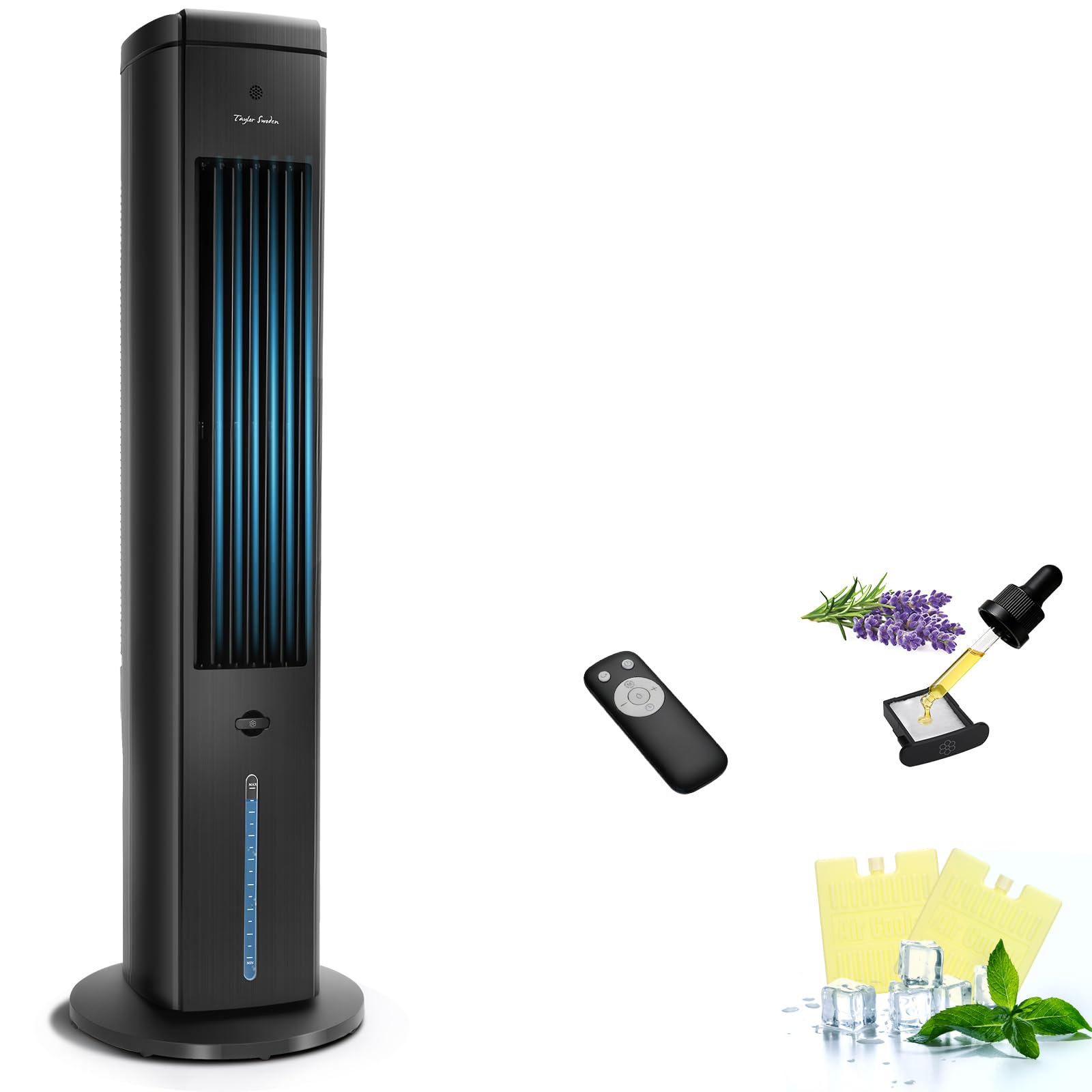 Taylor Swoden Turmventilator mit Wasserkühlung leise, 5-in-1 Luftkühler mit ION-Technologie & Aromadiffuser, 5L Wassertank, 75° Oszillation, 3 Geschwindigkeiten/Modi, 7h Timer, Fernbedienung, Schwarz