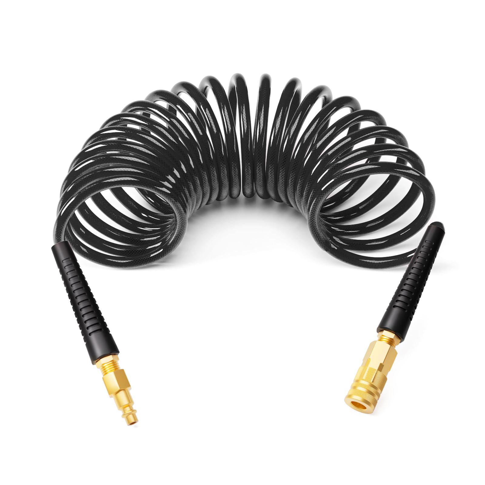 GASHER 1/4" 10FT Polyurethane Recoil Air Hose with Quick Coupler Plug Black