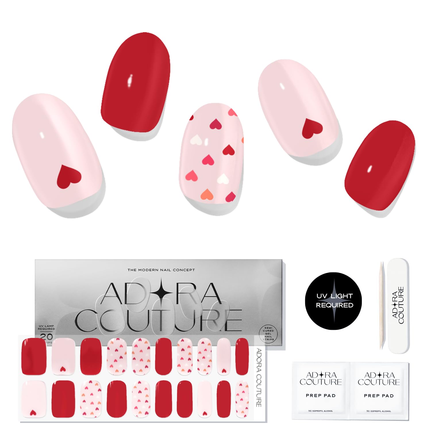 Adora Couture Semi Cured Gel Nail Strips with 20 Pieces, Salon Quality Nail Wraps for Women, Scarlet HeartUV Gel Nail Stickers, UV Light Required, Scarlet Heart
