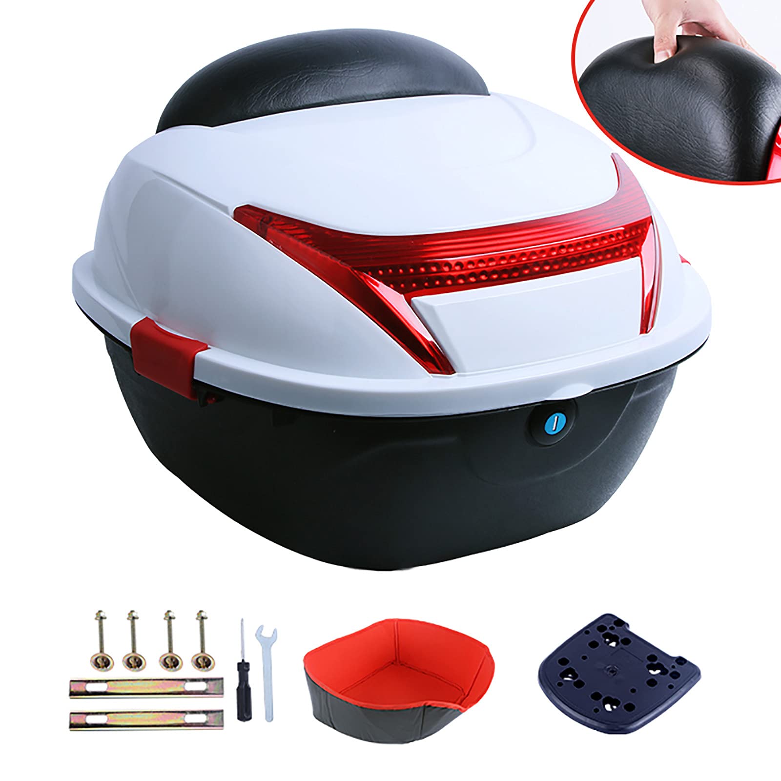 Motorcycle Touring Case,Top Box Tail Trunk Luggage Box,Sealed and Waterproof,Reflective at Night W/Soft Backrest,with Universal Mounting Hardware.