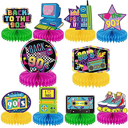 10 Pieces 90's Party Supplies 1990 Party Honeycomb Centerpieces for Tables Decorations 90s Hip Hop Theme Party Table Topper Decorations for 1990s Birthday Baby Shower Party Suplies