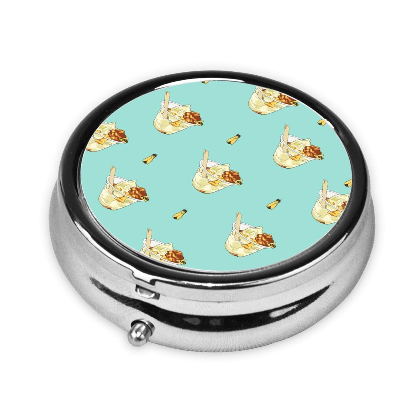 Cute 3-Compartments Round Pill Box Honey Sundae Small Pill Case Portable Medicine Dispenser,for Pocket Purse