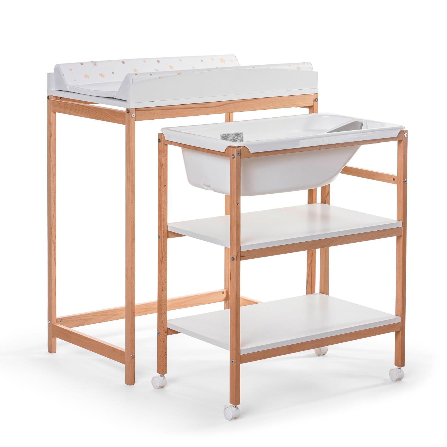 OKBABY Woody - Fasciatoio in Legno con Vaschetta Ergonomica e Ruote, Completo di Materassino Soffice per il Cambio del Neonato - 0-12 Mesi (11kg) - Bianco