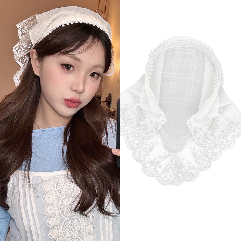TUCEWP Hair Scarf Headband for Women Girls White Lace Head Kerchief Headband Soft Head Coverings Boho Triangle Bandana Turban Non Slip Hair Scarves Fashion Hair Accessories for Hair Styling Decor