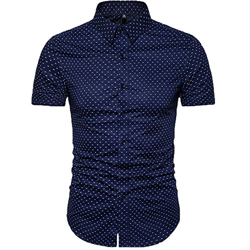 MUSE FATH Men's Button-Down Dress Shirt-Cotton Casual Short Sleeve Shirt-Party Dress Shirt-Navy Blue-L