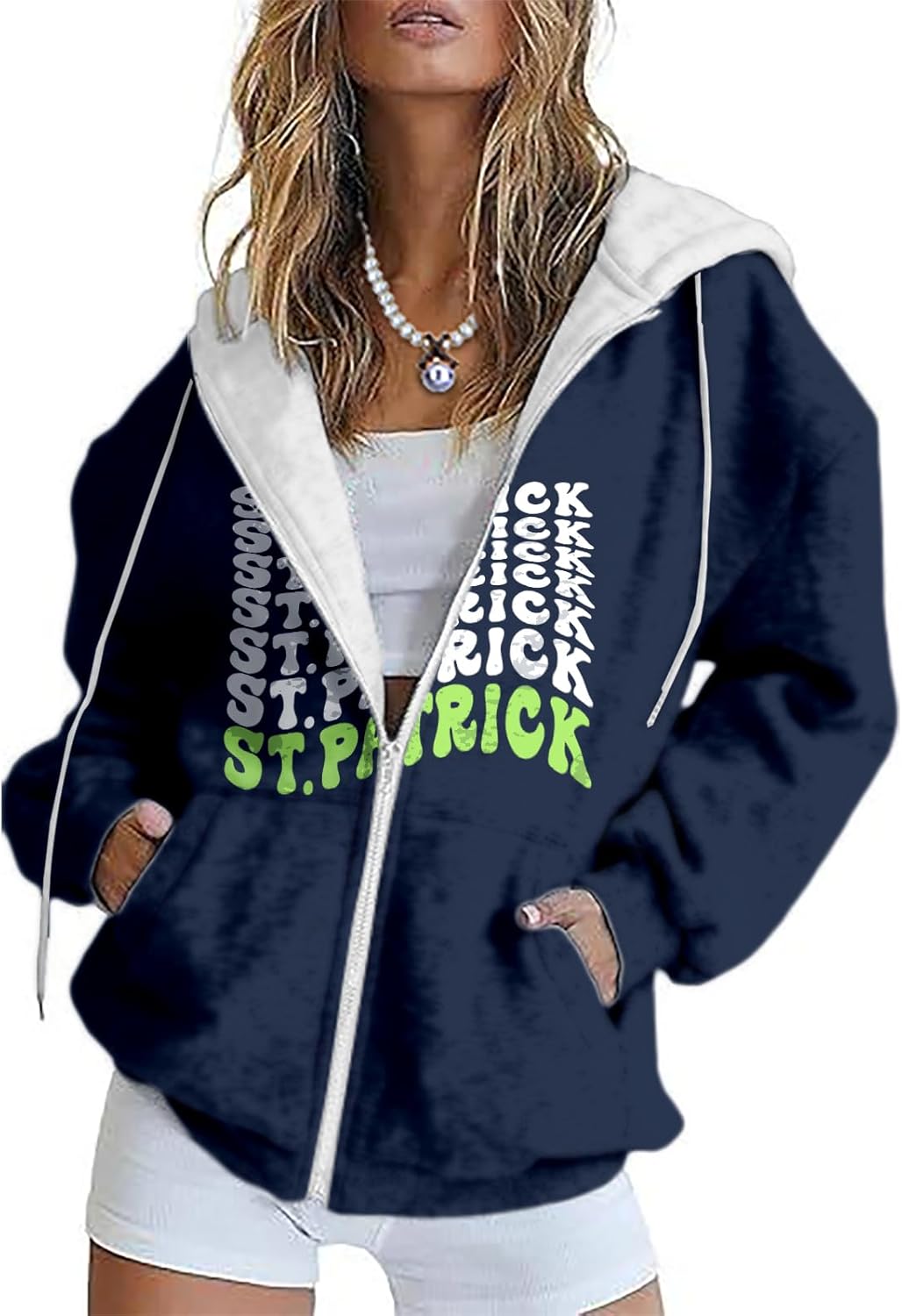 Green Hoodies For Women Shamrock Graphic Zip Up Long Sleeve Drawstring Hooded Sweat...